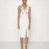 Embroidered V Neck Rose Midi - Robe De Jour - White Floral