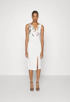 Embroidered V Neck Rose Midi - Robe De Jour - White Floral