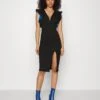 V Neck Ruffle Sleeve Midi Dress - Robe De Soirée - Black/Royal Blue