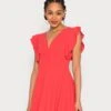 Wal G Lucia V Neck Frill Sleeve Skater Dress - Robe De Soirée - Coral