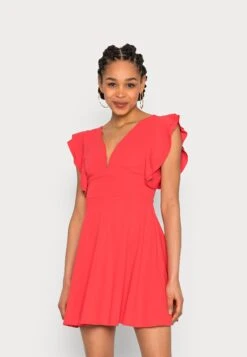 Wal G Lucia V Neck Frill Sleeve Skater Dress - Robe De Soirée - Coral
